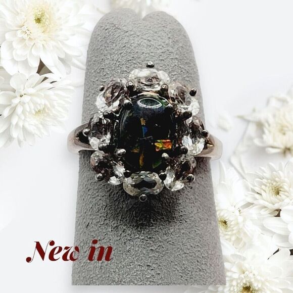 NWOT Sterling Silver Black Fire Opal Ring With Cluster Topaz Jewelry Gift - Picture 2 of 14